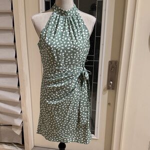 SHEIN Green Leaf Print Halter Mini Dress
